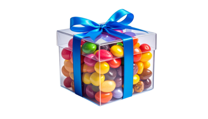 Transparent gift box filled with colorful candies and blue ribbon