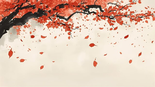 Graceful Japanese sumi-e ink wash painting of vibrant red autumn maple leaves. Minimalist oriental artwork with a seasonal fall theme on a textured paper background, perfect for elegant designs