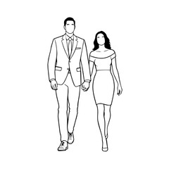 Black and White Vector Illustration of a Couple Man and Woman in Minimalistic Clean Line Art Style
