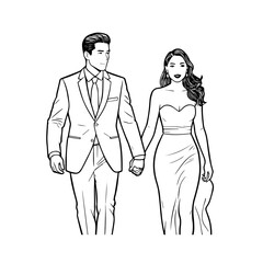 Black and White Vector Illustration of a Couple Man and Woman in Minimalistic Clean Line Art Style