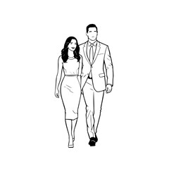 Black and White Vector Illustration of a Couple Man and Woman in Minimalistic Clean Line Art Style
