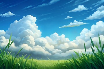 Fototapeta premium Vast blue sky with fluffy white clouds over lush green grass field