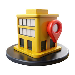 3d building with location pin icon isolated on transparent background