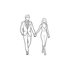 Black and White Vector Illustration of a Couple Man and Woman in Minimalistic Clean Line Art Style