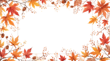 Watercolor autumn frame with hand painted fall leaves, acorns, branches and soft artistic border for seasonal design projects