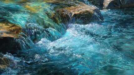 Azure river flowing swiftly over rocks with light playing over the water's surface