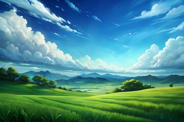 Obraz premium Vast green landscape under a dramatic blue sky