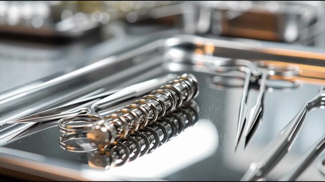 Joint Replacement Hospital. Surgery. Rehabilitation. Prosthetics. Surgical instruments arranged on a stainless steel tray.