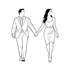 Black and White Vector Illustration of a Couple Man and Woman in Minimalistic Clean Line Art Style