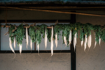 古民家の軒下に干した大根