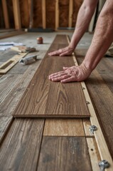 Close-up of man installing wooden floor, carpentry, home renovation