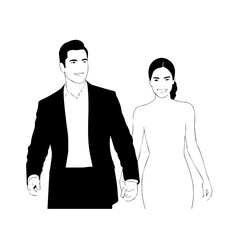 Black and White Vector Illustration of a Couple Man and Woman in Minimalistic Clean Line Art Style