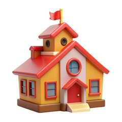 3d cartoon school building with flag isolated on transparent background