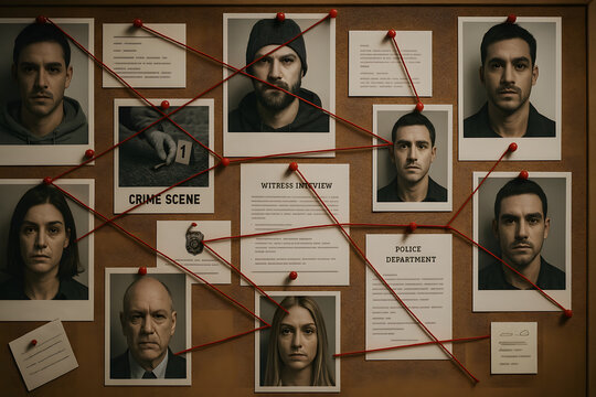 Crime investigation board with suspect photos and evidence connected by red string, detective case solving police investigation scene, mystery analysis conspiracy suspect identification law enforcemen