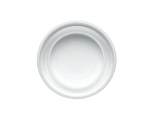 High-angle close-up of a white, round plastic lid.  A smooth, circular lid with concentric rings, a small center dot, and a flat surface