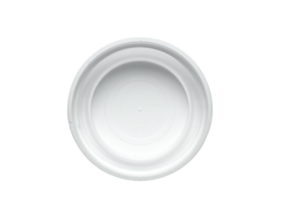 High-angle close-up of a white, round plastic lid.  A smooth, circular lid with concentric rings, a small center dot, and a flat surface