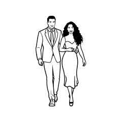 Black and White Vector Illustration of a Couple Man and Woman in Minimalistic Clean Line Art Style