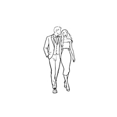 Black and White Vector Illustration of a Couple Man and Woman in Minimalistic Clean Line Art Style