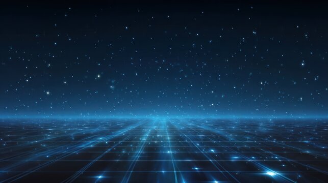 A starlit sky with digital grid stretching into distance over a sparkling plane