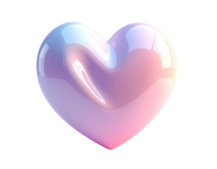 A glossy, 3D heart, iridescent in pastel pink and lavender hues, with smooth, rounded curves