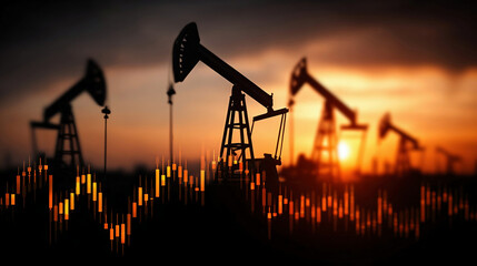 Oil pumpjacks against the sunset with financial graphs. Quotes and charts fluctuations in cost energy resources.