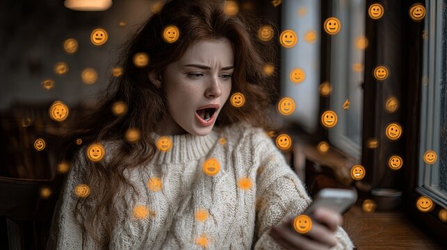 Surprised Woman Reacting to Social Media Emojis