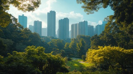 Fototapeta premium Cityscape park view, sunny day, Hong Kong, tranquil
