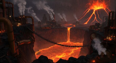 Lava flows through industrial chasm, fiery volcano backdrop.