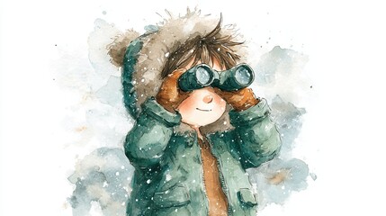 Naklejka premium A cheerful child in winter attire gazes through binoculars, immersed in a snowy landscape, evoking a sense of adventure and wonder.