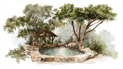 A serene outdoor hot spring surrounded by lush trees and stone, inviting relaxation in a natural setting.