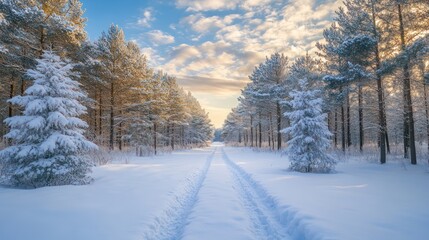 Obraz premium Winter Forest Path Sunlight Snow Landscape; nature scene