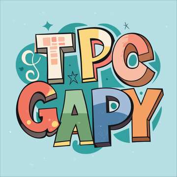 Playful tpc gapy text graphic with colorful letters and cloud shapes for branding and design