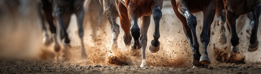 Obraz premium A dynamic close-up of galloping horses kicking up dust, showcasing their powerful legs and energy in motion.