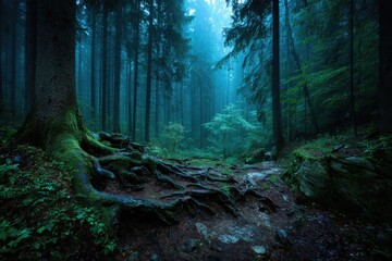Misty, dark forest with exposed roots
