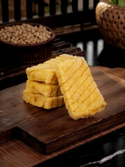 Dry Tofu Slices on Wooden Board Traditional Chinese Ingredient Henan Style Cooking Preparation