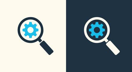 Magnifying glass over gear icon symbolizing search and technical solutions