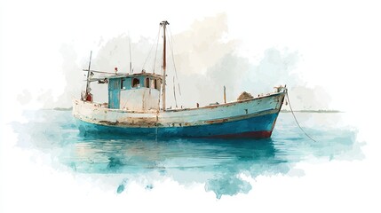 Fototapeta premium A watercolor illustration of a vintage fishing boat floating peacefully on calm waters.