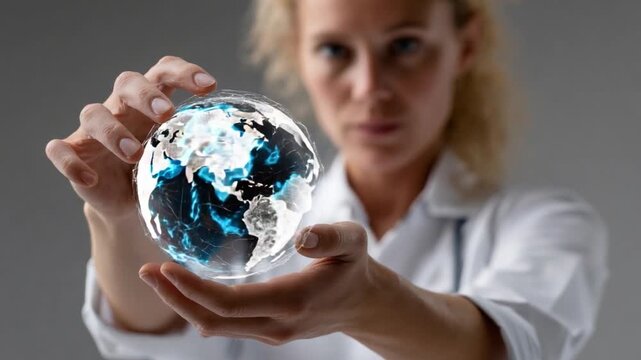 Global Vision: A focused woman holds a glowing, illuminated globe in her hands, symbolizing global awareness and a future of sustainability.