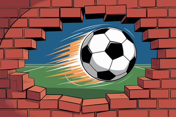 Soccer ball blasts through brick wall towards a field, symbolizing breaking barriers and achieving goals.