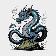 Cartoon Dragon Vector Illustration with Blue Crackling Pattern | Stylized Gray and Blue Dragon Standing on Mossy Rock | Fantasy Dragon Artwork for Stock Graphics