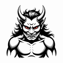 Stylized Demon Vector Illustration with Horns and Red Eyes | Tattoo-Style Demon Drawing with Sharp Fangs | Dark Fantasy Demon Artwork for Stock Graphics