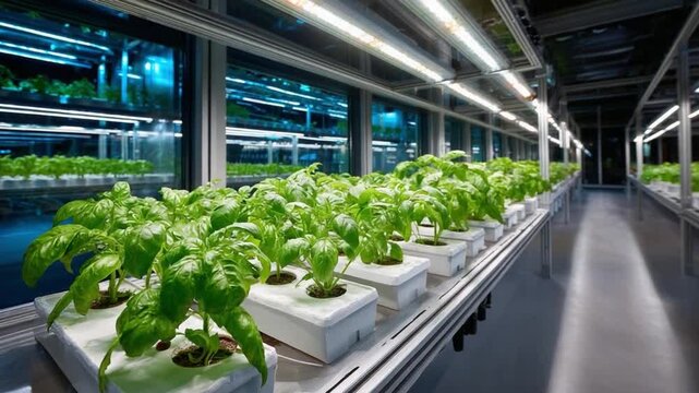 Modern Hydroponic Farm: Rows of vibrant green basil plants thrive in a state-of-the-art hydroponic farm setting, illuminated by advanced lighting.