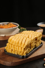 Chinese Dried Tofu Skewer Snacks on Wooden Board - Traditional Henan Province Asian Food
