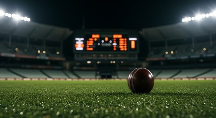 Dramatic night cricket match scene with stadium lights and scoreboard showcasing intense competition, ready for action
