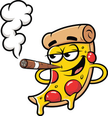 Funny cartoon pizza slice character smoking cigar with cool expression, comic style food mascot illustration, cad drawing flat vector illustration