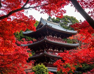 Red Maple Leaves Frame Pagoda Temple Autumn Scenery