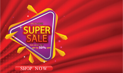 Red background super sale promotional banner with golden shining style
