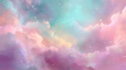 Ethereal clouds drift across a soft, dreamy sky, colored in pastel hues and twinkling stars