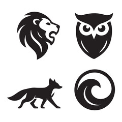 Vector set of black cat, dog, bird, and wild animal silhouettes
