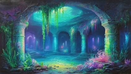 A mesmerizing underwater scene unfolds, revealing an ancient, submerged temple adorned with vibrant coral and ethereal light filtering through the water